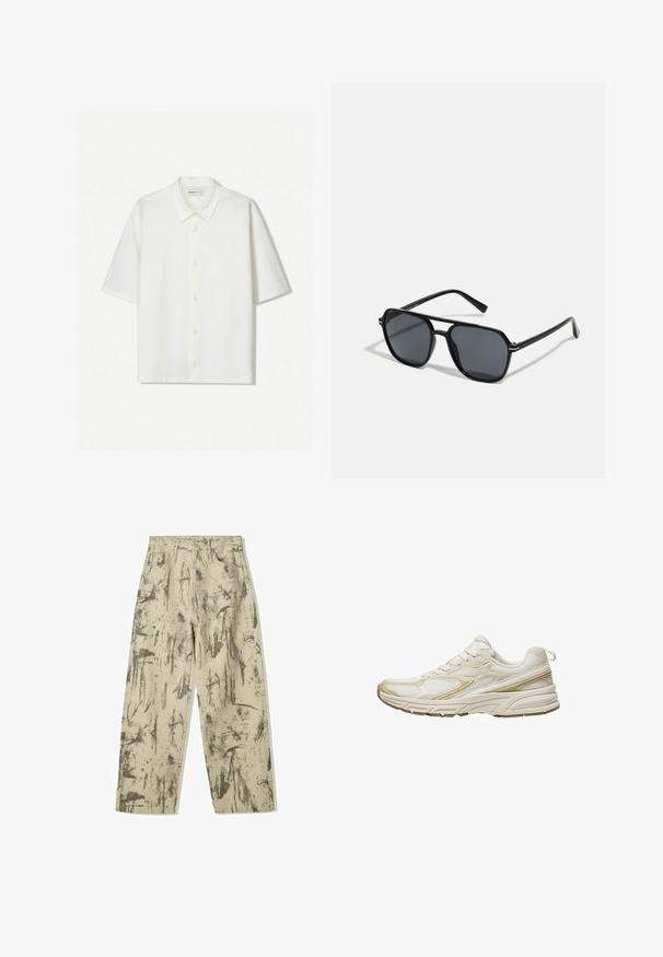 Valkoinen lyhythihainen paita, joka on valmistettu teksturoidusta kankaasta. Siinä on kaulusrintakappale ja napit edessä. Yksinkertainen, siisti muotoilu.; Bershka BAGGY PRINTED - Loose fit -farkut - evergreen; Valkoiset urheilukengät, jotka on valmistettu verkkokankaasta ja synteettisestä materiaalista. Kengissä on pyöristetty kärki, pehmustettu pohja ja beige korostus sivuilla.; Musta aurinkolasit, joissa on oktaalinen kehys, tummat linssit, kiiltävä pinta, ohuet templesit ja kultaiset yksityiskohdat etupuolella.