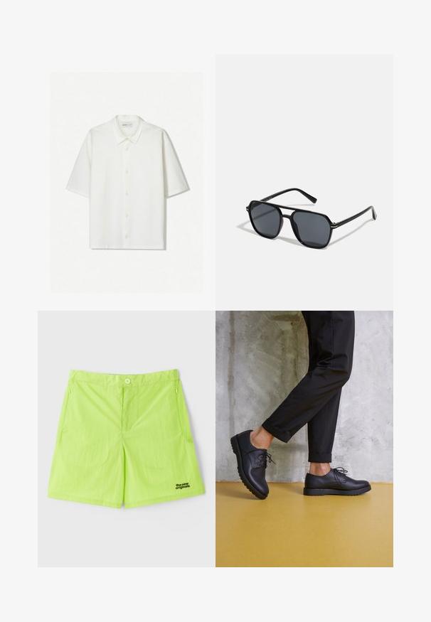 Biela krátkopupová košeľa vyrobená z textúrovanej tkaniny. Obsahuje golier a gombíky na prednej strane. Jednoduchý, čistý dizajn.; Neónové zelené šortky vyrobené z ľahkej tkaniny, vybavené gombíkovým zapínaním, dvoma bočnými vreckami a logom na dolnej pravej strane.; Čierne kožené šnurovacie topánky s okrúhlou špičkou, textúrovaným povrchom a hrubou gumovou podrážkou. Nosené s vyrolovanými čiernymi nohavicami na pozadí z betónu.; Čierne slnečné okuliare s osemuholníkovým rámom, tmavými sklami, lesklým povrchom, tenkými rámčekmi a zlatými akcentmi na prednej strane.