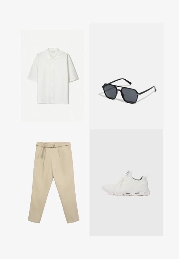 Camicia corta a maniche bianche realizzata in tessuto texturizzato. Presenta un colletto e bottoni sul davanti. Design semplice e pulito.; Pantaloni beige con vita a cintura, caratterizzati da un taglio dritto, pince, tasche laterali e una texture in cotone morbido.; Scarpe atletiche bianche con tomaia in maglia testurizzata, lacci piatti e una suola ammortizzata con camere d'aria visibili per un supporto aggiuntivo.; Occhiali da sole neri con montatura ottagonale, lenti scure, finitura lucida, aste sottili e dettagli dorati sul davanti.