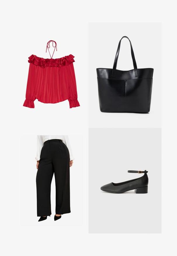 Blusa roja sin hombros con escote fruncido, tirantes con lazo, textura plisada y puños de manga acampanados. Tela de satén liviana.; Pantalones anchos negros con un diseño de cintura alta, tela suave y pliegues frontales profundos. Combinados con zapatos de punta negros.; Zapato de tacón negro de cuero con punta afilada y tacón bajo cuadrado. Presenta una correa para el tobillo con una hebilla en tono dorado. Textura suave.; Bolso tote de cuero negro con dos asas largas, textura suave y forma estructurada. Cuenta con un bolsillo frontal para almacenamiento adicional.