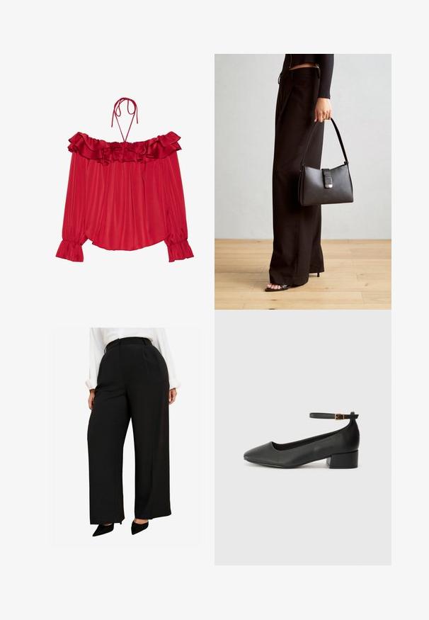 Rode off-the-shoulder blouse met rucherig decolleté, strikbandjes, geplisseerde structuur en uitlopende mouwmanchetten. Lichtgewicht satijnen stof.; Zwarte wijde pantalons met een hoge taille, gladde stof en diepe voorplooien. Gepaard met zwarte puntige schoenen.; Zwarte leren pump met een spitse neus en een lage blokhak. Beschikt over een enkelband met een goudkleurige gespsluiting. Gladde textuur.; Zwarte handtas met gestructureerde vorm, gladde textuur en een metalen sluiting. Gecombineerd met brede zwarte broeken en sandalen met open teen op een houten vloer.