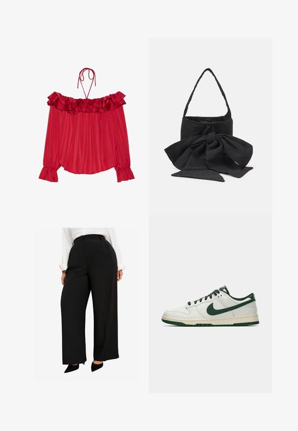 Rote schulterfreie Bluse mit gerafftem Ausschnitt, Bindebändchen, plissierter Textur und ausgestellt geschnittenen Ärmeln. Leichter Satin-Stoff.; Schwarze weit geschnittene Hosen mit hoher Taille, glattem Stoff und tiefen Vorderfalten. Kombiniert mit spitzen schwarzen Schuhen.; Weiße Low-Top-Sneaker mit dunkelgrüner Nike-Swoosh, Schnürsenkeln und Akzenten an der Sohle, im Profil auf einem schlichten weißen Hintergrund abgebildet.; Schwarze Stoffhandtasche mit einer gebundenen Schleifenakzent, runder Form, strukturiertem Oberflächen mit kleinen Mustern und einem einzelnen, dünnen Tragegriff.