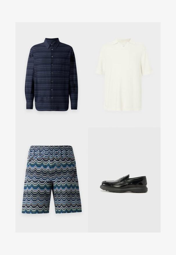 Námornícka košeľa na gombíky so zúbkami, dlhými rukávmi, klasickým golierom a gombíkmi po celej prednej strane. Textúrovaný materiál.; Polo tričko s krátkym rukávom, svetlo smotanovej farby, vyrobené z textúrovaného materiálu, s výstrihom do V a klasickým golierom.; pánske šortky s cik-cak vzorom v modrej, zelenej a čiernej farbe. Elastický pás, dĺžka po kolená a ľahký materiál.; Čierne kožené mokasíny s lesklým povrchom, okrúhlou špicou, subtilnými švami a hrubou gumovou podrážkou pre zvýšenú odolnosť.