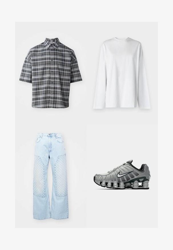 Kraša krekls ar īsām piedurknēm melnbaltā flīzē. Iedzimta apkakle un priekšējā pogu aizdare ar melnām pogām.; Weekday OVERSIZED LONG SLEEVE  - Tops ar garām piedurknēm - white; MISBHV MONOGRAM CARPENTER  - Brīva piegriezuma džinsi - pale blue; Pelēki un melni Nike skriešanas apavi ar redzamu atsperveida amortizāciju zem zoles un balto swoosh logo sānos.