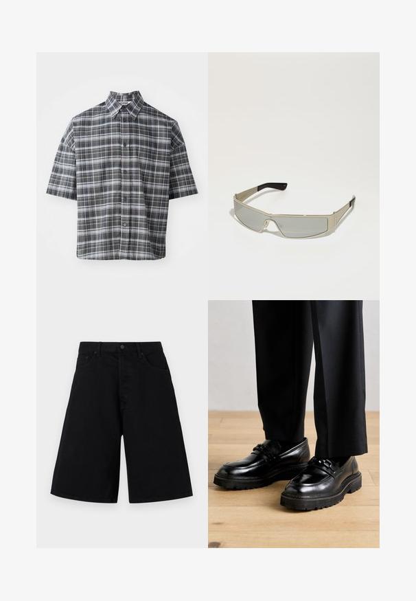 Short-sleeve button-up shirt in a black and gray plaid pattern. Features a pointed collar and front button closure with black buttons.; Black denim shorts with a relaxed fit, featuring a classic five-pocket design and button closure, smooth texture, and straight leg cut.; Black leather shoes with a smooth finish, featuring a broad sole and decorative cross-bands over the instep. Worn with tailored black trousers.; Sunglasses with silver metallic frame and grey tinted lenses. The design is angular, featuring slender arms with black tips and textured accents.