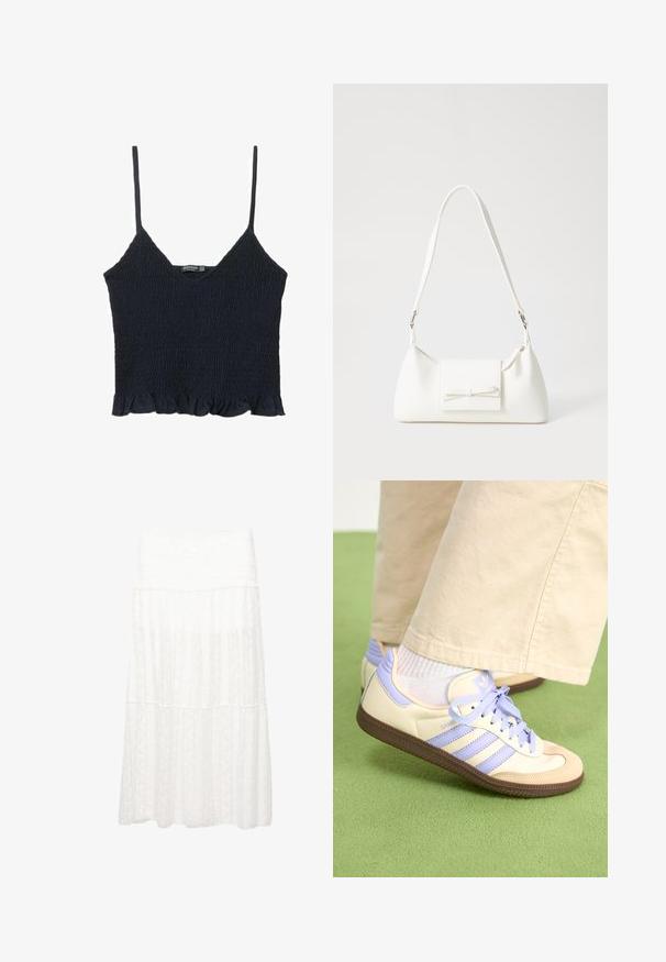 Námořnický modrý, smockovaný crop top s tenkými nastavovacími ramínky a řaseným lemem. Vyrobeno z lehké látky s texturovaným povrchem.; Bílá patrová sukně s texturovanou tkaninou, širokým pasem a volným střihem. Materiál vykazuje jemné vzory po celém povrchu.; Krémové a levandulové tenisky se třemi pruhy a texturovanou hnědou podrážkou, vybavené tkaničkami a polstrovanou patou. Měkký textilní svršek.; Bílá syntetická kabelka v trojúhelníkovém tvaru, s plochým předním klopným víkem a detailem mašle, nastavitelným popruhem, hladkým povrchem a minimalistickým designem.