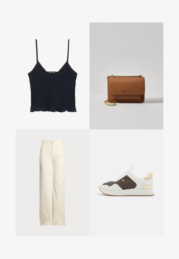 Námořnický modrý, smockovaný crop top s tenkými nastavovacími ramínky a řaseným lemem. Vyrobeno z lehké látky s texturovaným povrchem.; Polo Ralph Lauren COTTON CORDUROY WIDE-LEG PANT - Kalhoty - warm white; Bílé tenisky s hnědým vzorovaným textilním panelem, zlatými kovovými akcenty, kulatou špičkou, šněrovacím designem a texturovanou gumovou podrážkou.; Hnědá texturovaná kožená kabelka přes rameno se zlatým řetízkovým popruhem a klopnovým uzavíráním. Přední strana obsahuje detail loga a kapsu pod klopou.