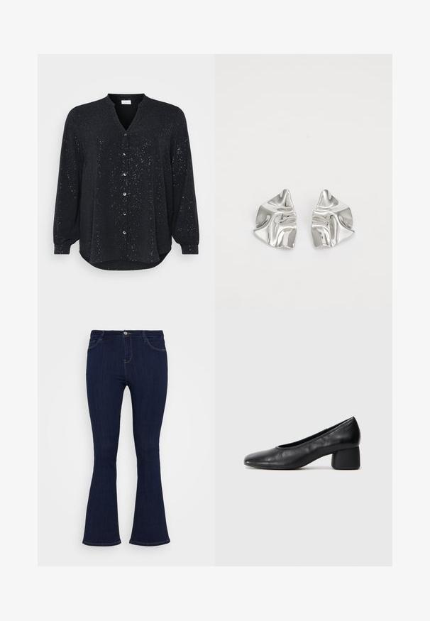 Crna majica dugih rukava s V-izrezom, s srebrnim mrljama, s kopčanjem na gumbe i zaobljenim donjim rubom, izrađena od mekog materijala.; Tamno plave traperice visokog struka, uskog kroja oko butina i blago raširenih na dnu, s prednjim džepovima i patentnim zatvaračem.; Crna kožna pumpica s okruglim vrhom i srednje blok petom. Glatka tekstura s minimalnim detaljima, s suptilnim elastičnim otvaranjem.; Srebrne metalne naušnice s valovitim, skulpturalnim dizajnom, naglašenim sjajnom završnom obradom i nepravilnim oblicima, što ističe suvremeni estetski izraz.
