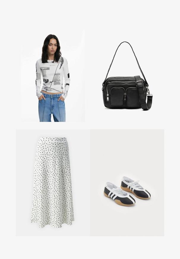 Witte lange mouwen top met zwarte grafische tekst en abstracte prints. Geribbelde textuur, ronde halslijn en aansluitend ontwerp. Gecombineerd met denim jeans.; Witte midi-jurk met zwarte stippen, uitgevoerd in een textuurstof en met een uitlopende silhouet, afgewerkt met een subtiele tailleband.; Zwart-witte sport schoenen met een slank ontwerp, rubberen zool, vetersluiting en drie witte strepen aan de zijkanten.; Zwarte leren crossbody tas met twee voorzakken met rits, een gestructureerde vorm, een verstelbare schouderband en een textuur oppervlakte.