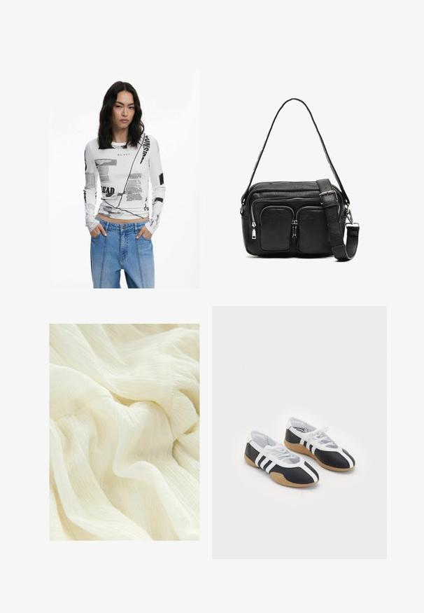 Top blanco de manga larga con texto gráfico negro y estampados abstractos. Textura acanalada, cuello redondo y diseño ajustado. Combinado con jeans de mezclilla.; Tejido blanco arrugado con una textura suave y ligera. El material tiene una apariencia liviana y fluida con sutiles variaciones en el tono.; Zapatillas deportivas en blanco y negro con un diseño elegante, suela de goma, cierre de cordones y tres franjas blancas en los lados.; Bolso cruzado de piel negra con dos bolsillos frontales con cremallera, forma estructurada, correa ajustable y superficie texturizada.