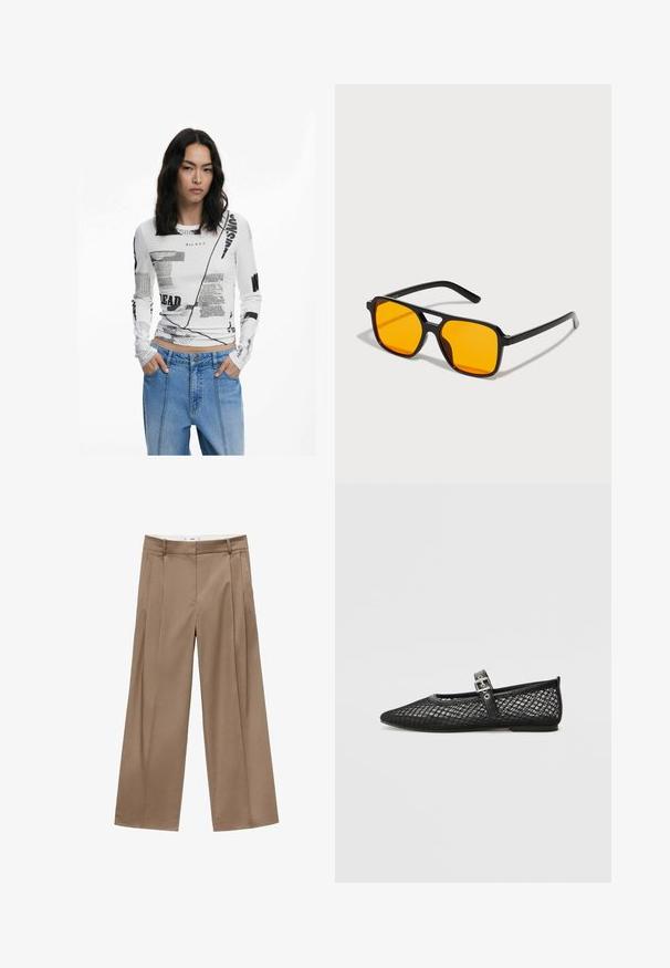 White long-sleeve top with black graphic text and abstract prints. Ribbed texture, crew neckline, and fitted design. Paired with denim jeans.; Wide-leg, high-waisted trousers in a warm brown hue, featuring front pleats and a clean finish, designed for a stylish, comfortable fit.; Black mesh flat shoe with a pointed toe, decorative strap and buckle detail. Textured upper and a smooth black sole.; Black rectangular sunglasses with bold orange lenses. Features a unique bridge design and sleek arms, crafted from lightweight material.; Black fabric bag with a textured, quilted pattern. Rounded shape, short, thick handles, and a soft, flexible structure.