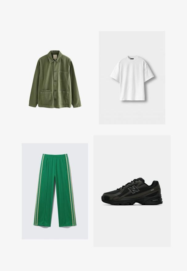 Olivově zelená bunda vyrobená z bavlny s knoflíkovým zapínáním, špičatým límcem a čtyřmi kapsami. Má volný střih a měkkou texturu.; Bílý bavlněný tričko s krátkým rukávem, kulatým výstřihem a volným střihem. Hladká textura, žádné vzory ani akcenty.; Zelené široké kalhoty z hladké látky s elastickým pasem a kontrastními žlutými bočními pruhy se vzorem cikcak.; Černé sportovní boty se strukturovaným syntetickým svrškem, které mají polstrovanou podrážku a výrazné logo "N" na boku. Design zahrnuje lehké síťované sekce.