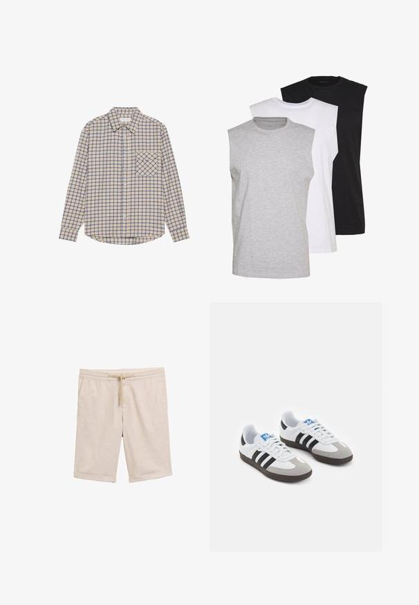 Beige värvi pikad varrukad ruudulised särke siniste ruutudega, millel on nööbid all ääres ja vasakul rinnal tasku diagonaalse ruudumustriga.; Kolm ilma varrukat särk hallis, valges ja mustas värvios. Pehme puuvillane materjal, ümar kaelus ja mugav lõige. Lihtne disain, ilma mustriteta.; Beezist puuvilla segu lühikesed püksid elastse waistbandsiga, kinnitustrossi detail ja rullitud krae. Sile tekstuur, ilma mustrite ja riistvarata.; Spordijalatsid valge nahkpealsega, halli nubuk-naha otsaga ja kolme musta triibuga. Omab sinist logo keele peal ja struktureeritud kummitalda.