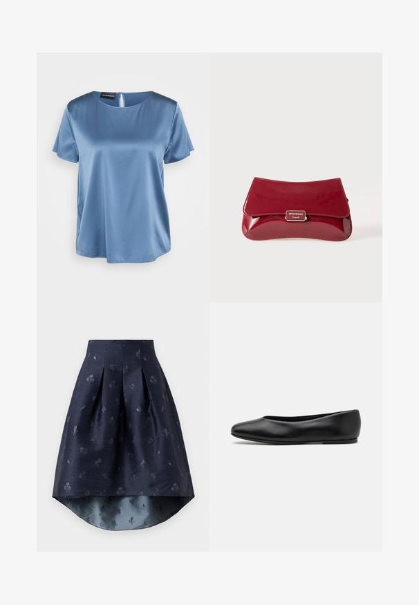 Blue satin short-sleeve blouse with a square neckline and back zipper. Smooth texture and slightly loose fit.; Navy blue high-low skirt with pleats and subtle playing card suits pattern in a slightly shiny fabric.; Paul Smith TOPANGA - Ballet pumps - black; Red patent leather clutch bag with a curved design, fold-over flap, and a metal logo accent on a silver plaque. Smooth, shiny texture.