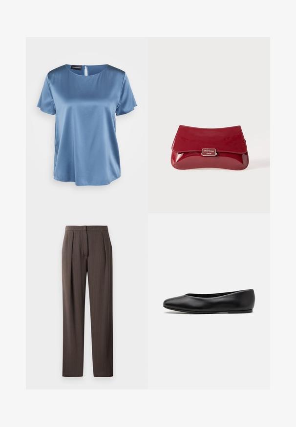 Blue satin short-sleeve blouse with a square neckline and back zipper. Smooth texture and slightly loose fit.; Dark brown straight-leg trousers with subtle chevron pattern, front pleats, and waistband, shown flat on white background.; Paul Smith TOPANGA - Ballet pumps - black; Red patent leather clutch bag with a curved design, fold-over flap, and a metal logo accent on a silver plaque. Smooth, shiny texture.