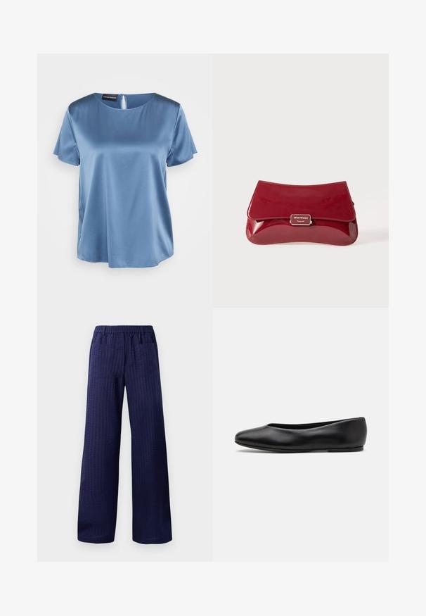 Modrá saténová blůza s krátkým rukávem a čtvercovým výstřihem, se zipem na zádech. Hladká textura a lehce volný střih.; Námořnické kalhoty s širokými nohavicemi a texturovaným povrchem, elastickým pasem a dvěma zadními kapsami. Vyrobeny z lehké a prodyšné látky.; Paul Smith TOPANGA - Klasické baleríny - black; Červená lakovaná kabelka s křivkovým designem, překlopným víkem a kovovým logem na stříbrné destičce. Hladký, lesklý povrch.