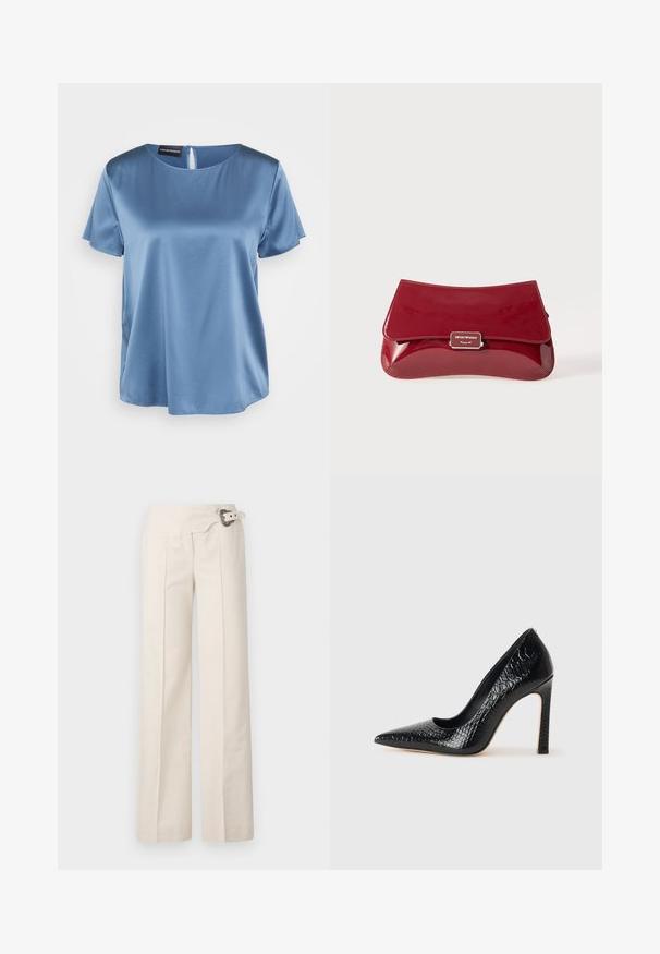 Kék selyem blúz, rövid ujjal, négyzet alakú nyakkivágással és hátsó cipzárral. Simaság jellemzi és enyhén laza fazonban készült.; Homlokzati nadrág krémszínű, textúrált felületű anyagból. Oldalredők és dekoratív öv jellemzi, kör alakú csattal kiemelve.; Fekete hegyes orrú magassarkú cipő krokodilbőr textúrával, letisztult dizájnnal, magas tűsarkú és sima fekete belső résszel.; Piros, lakkbőr clutch táska ívelt dizájnnal, hajtogatott fedéllel és fém logóval egy ezüst színű táblán. Simára csiszolt, fényes felület.