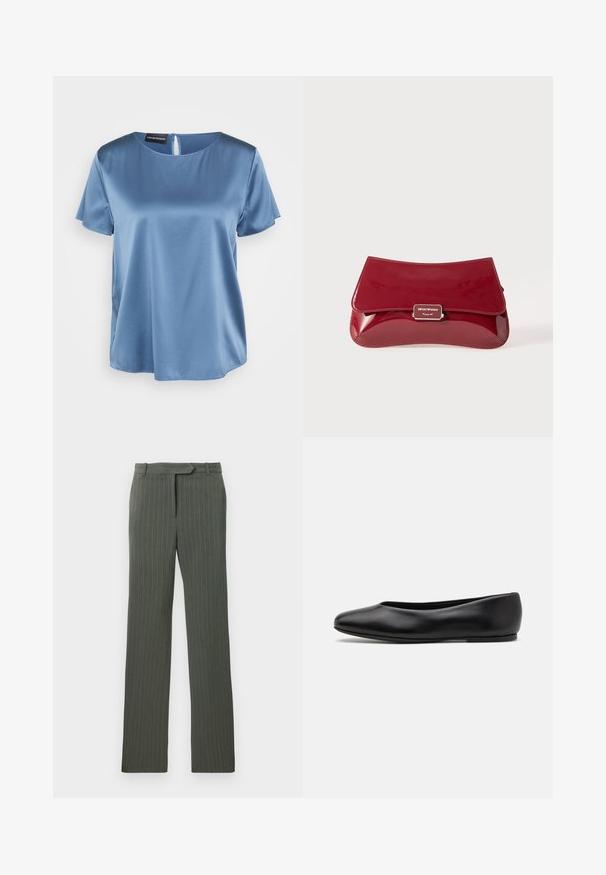 Blauwe satijnen blouse met korte mouwen, vierkante halslijn en rits aan de achterkant. Glad materiaal en iets loose fit.; Donkergrijze pinstripe op maat gemaakte broeken met riemlus en een rechtvallende pasvorm, platgelegd op een witte achtergrond.; Paul Smith TOPANGA - Ballerina's - black; Rode gepatineerde leren clutch met een gebogen ontwerp, opklapbare klep en een metalen logo accent op een zilveren plaat. Gladde, glanzende textuur.