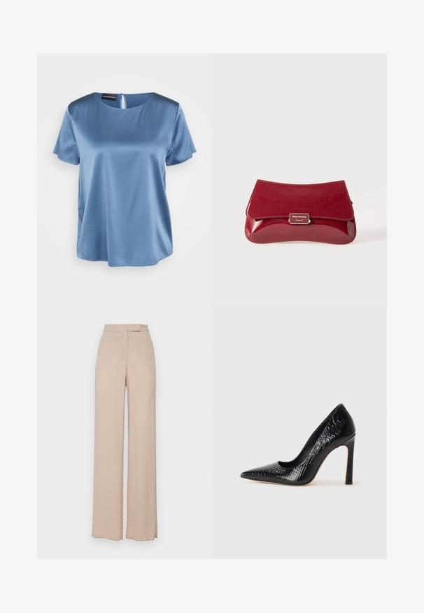 Zila satīna blūze īsām piedurknēm ar kvadrātveida izgriezumu un aizmugurējo rāvējslēdzēju. Gluda tekstūra un nedaudz brīvs piegriezums.; Bežīgas plaša piegriezuma bikses, kas izgatavotas no viegla auduma. Tām ir gluda tekstūra, priekšējās kabatas un nemanāms jostas dizains.; Melni augstpapēžu apavi ar norādītu purngalu, ar krokodila ādas tekstūru, izceļoties ar elegantu dizainu, augstu stiletto papēdi un gludu melnu interjeru.; Sarkans laka ādas clutch kabatas maisiņš ar izliekta dizaina, locīšanas vāku un metāla logotipa akcentu uz sudraba plāksnes. Gluda, spīdīga tekstūra.