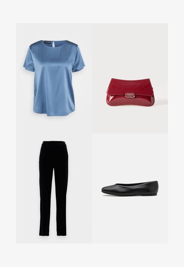 Plava satenasta bluzica kratkih rukava s četvrtastim izrezom i zatvaranjem na zip. Glatka tekstura i lagano slobodan kroj.; Crne baršunaste hlače s glatkom teksturom, uskim krojem i srednje visokim pojasom. Imaju bočne džepove i ravne nogavice.; Paul Smith TOPANGA - Balerinke - black; Crvena torbica od lakirane kože s zakrivljenim dizajnom, preklopom i metalnim logotipom na srebrnoj pločici. Glatka, sjajna tekstura.