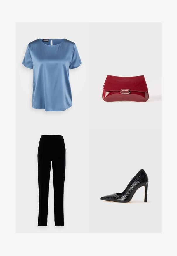 Blue satin short-sleeve blouse with a square neckline and back zipper. Smooth texture and slightly loose fit.; Black velvet trousers with a smooth texture, slim fit, and a mid-rise waistband. Features side pockets and a straight-leg design.; Black pointed-toe high heel shoe with a crocodile-skin texture, featuring a sleek design, high stiletto heel, and smooth black interior.; Red patent leather clutch bag with a curved design, fold-over flap, and a metal logo accent on a silver plaque. Smooth, shiny texture.