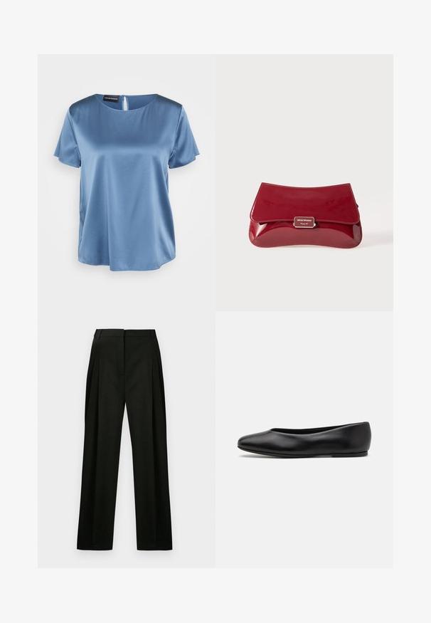 Modra satenska bluza s kratkimi rokavi, kvadratnim dekoltejem in zadrgo na hrbtni strani. Gladka tekstura in nekoliko ohlapen kroj.; Črne široke hlače z teksturirano tkanino, ki imajo sprednje pregibe in čisto, krojeno pasnico. Brez vidnih žepov ali okraskov.; Paul Smith TOPANGA - Balerinke - black; Rdeča lakasta usnjena torbica z ukrivljenim dizajnom, preklopnim pokrovom in kovinskim logotipom na srebrni plaketi. Gladka, sijajna tekstura.