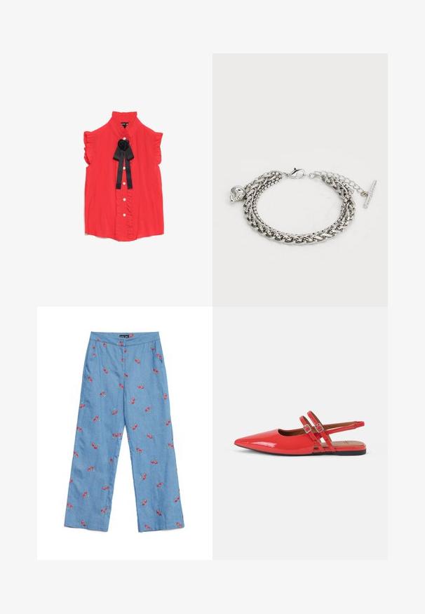 Red short-sleeve blouse with a high collar, ruffled edges, front button closure, and a black fabric rose accent at the neck.; Light blue denim trousers featuring red cherry embroidery throughout, wide-leg design, and a flat waistband with pockets.; Red patent leather slingback flats with a pointed toe and two crossed straps adorned with square metal buckles. Low heel design.; Silver metal chain bracelet with a layered design. Features a skull charm and a toggle clasp. Smooth texture and polished finish.