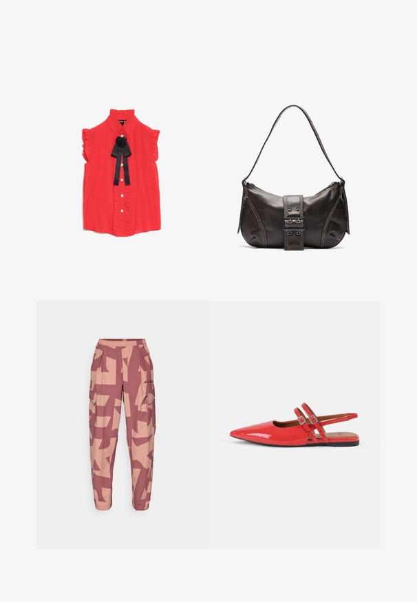 Vörös, rövid ujjú blúz magas nyakkal, fodros szegéllyel, elől gombos zárással és fekete szövet rózsa díszítéssel a nyaknál.; Rózsaszín és tejszínszínű absztrakt mintás cargo nadrág, rugalmas derékkal, oldalsó zsebekkel és laza szabással a kényelem és a mozgékonyság érdekében.; Piros lakkbőr slingback lapos cipők hegyes orral és két keresztbe feszített pánttal, négyzet alakú fém csatokkal díszítve. Alacsony sarkú kivitel.; Barna bőr válltáska ívelt formával, kiemelkedő csattal, kontrasztos varrással és egyetlen vállpánttal.; Ezüst színű fémtálcás karkötő réteges dizájnnal. Jellemzője egy koponyás charm és egy csúszó zár. Simább textúrájú, polírozott felülettel.
