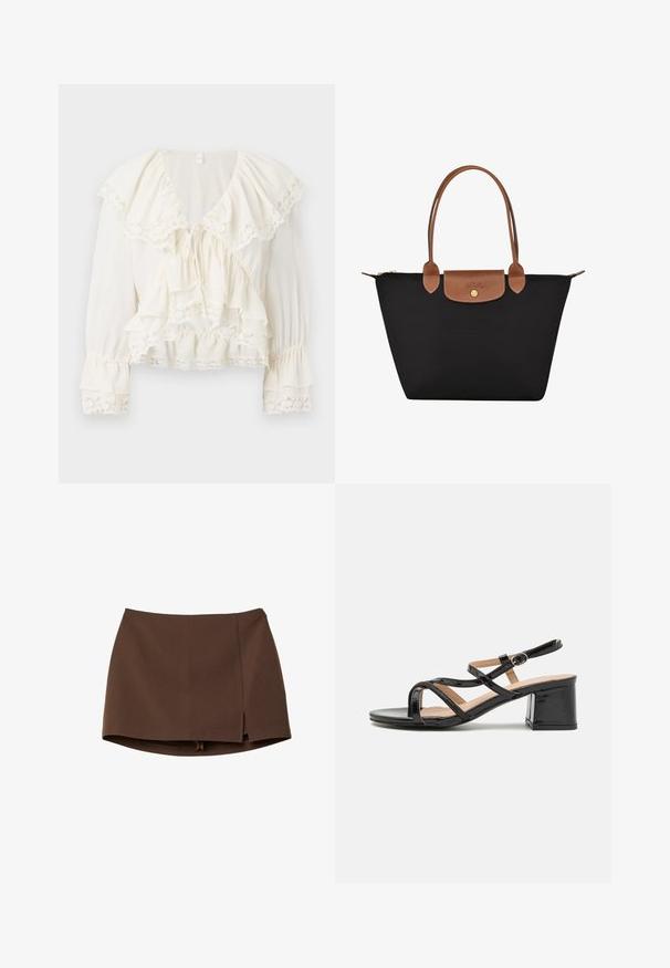 Weiße Bluse mit geschichteter, Rüschendesign, Spitzenbesatz an den Ärmeln und dem Saum sowie einem V-Ausschnitt mit einem Kordelzugverschluss.; Brauner Minirock aus glattem Stoff, mit einem vorderen Schlitz, klaren Linien und einer strukturierten Passform. Ohne Taschen oder auffällige Hardware-Details.; RAID ANSHIKA - Riemensandalette - black; Schwarze Nylon-Tote-Tasche mit braunen Lederakzenten und -griffen. Verfügt über einen Druckverschluss und eine Fronttasche mit einem Logo-Detail.; Goldene Creolen mit einem glatten, abgerundeten Design. Sie verfügen über einen kleinen Scharnierverschluss, sehen leicht aus und haben ein poliertes Finish.