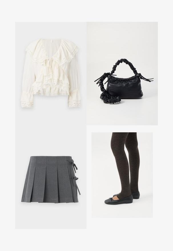Fehér blúz, amely réteges, fodros kialakítással rendelkezik, csipke díszítéssel az ujjakon és az alján, valamint V-kivágással és zsinóros záródással.; Szürke plisszírozott szoknya megkötőkkel ellátott derékrésszel, texturált anyagból készült, letisztult vonalakkal és látható fémalkatrészek nélkül.; Fekete lapos cipők kis masni díszítéssel az orrán, sötétbarna bordázott harisnyával párosítva. A cipők sima textúrával és alacsony profilúak.; Fekete műbőr kézi táska krokodil bőr textúrával, összehúzható tetejű és gyűrt pánttal. Lágy és kompakt dizájnúnak tűnik.