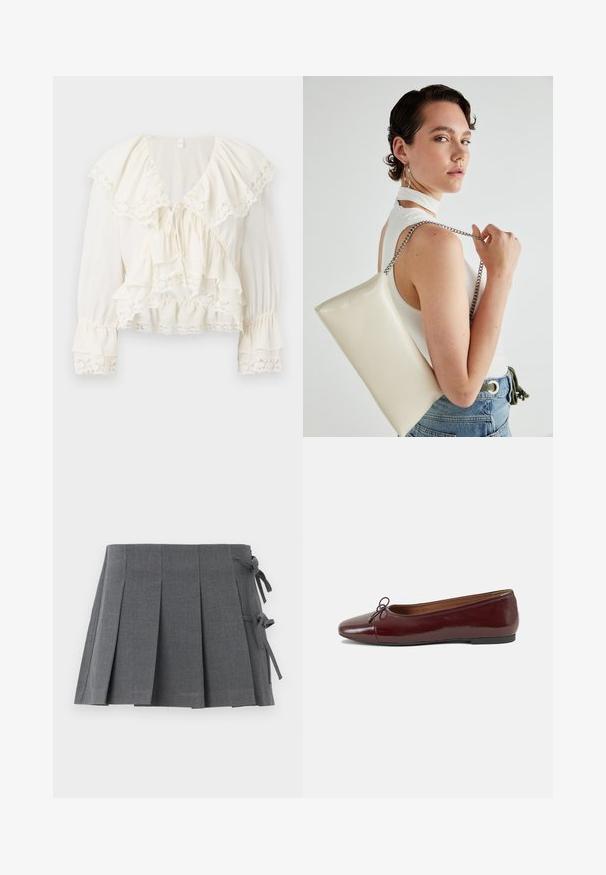 Weiße Bluse mit geschichteter, Rüschendesign, Spitzenbesatz an den Ärmeln und dem Saum sowie einem V-Ausschnitt mit einem Kordelzugverschluss.; Grauer Plissee-Rock mit einem Bund mit Bindebändern, aus strukturiertem Stoff gefertigt, mit einem klaren Schnitt und ohne sichtbare Beschläge.; Burgunderfarbenes, lackiertes Ballettschuh mit abgerundetem Zehenbereich, kleiner Schleifenakzent vorne und einer niedrigen, schwarzen Gummisohle. Glatte Textur.; Weiße rechteckige Clutch aus glänzendem Material mit einem silbernen Kettenriemen. Das Model posiert und präsentiert die Tasche vor einem schlichten Hintergrund.