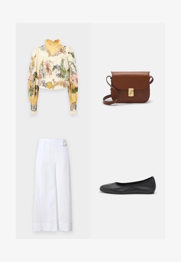 Alemais OLEANDER - Bluse - multi coloured; Weiße Leinen-Culottes mit weitem Bein, ausgestattet mit einem Gürtel mit einer runden Metallschnalle und flachen Vorderfalten.; Schwarze Leder-Ballettschuhe mit abgerundeter Spitze, glatter Textur, minimalen Nähdetails und einem flexiblen Sohlen-Design.; Braune Ledertasche mit Klappenverschluss, Beschlägen in Goldfarbe, einem Schultergurt und einer glatten Oberfläche. Kompakte rechteckige Form.