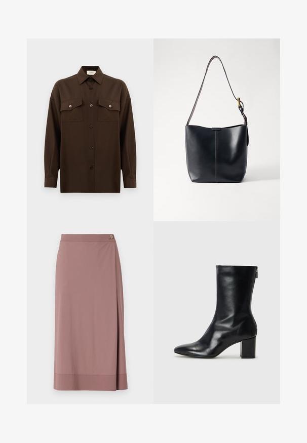 Mörkbrun långärmad skjorta med knappar, två fällbara bröstfickor och klassisk krage, visad mot en enkel vit bakgrund.; Ljusrosa knälång kjol i smidig tyg med sidoknappar. Har en insvängd design och en rak fåll med en subtil finish.; Svart läderankelboot med spetsig tå och 4 cm blockklack. Snygg design med en sidodragkedja för enkelt påklädande. Slät textur.; Svart läder axelväska med en slät yta, som har ett tunt, långt band och en subtil sömdetalj nedtill i mitten.