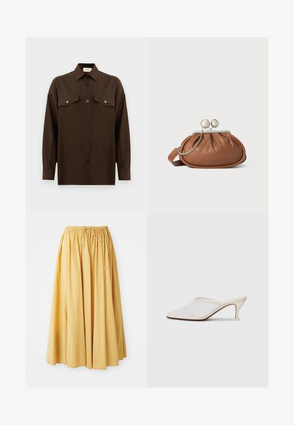 Dark brown long-sleeve button-up shirt with two flap chest pockets and a classic collar, displayed against a plain white background.; Long yellow skirt with an elastic waistband and drawstring. Made of lightweight fabric, featuring gathered pleats for a flowy design.; White mesh pointed-toe mule with a slim mid-height heel and slip-on design against a plain background.; Brown leather clutch purse with silver ball clasp and a small silver chain detail on a white background.