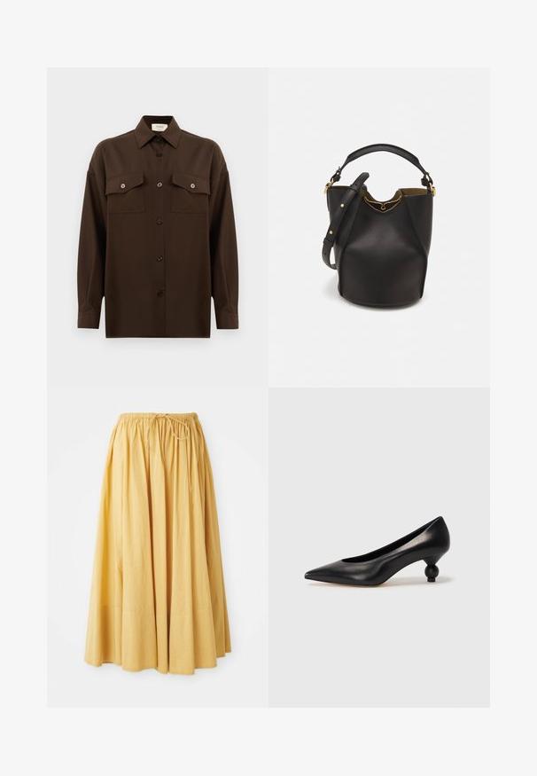 Camicia marrone scuro a maniche lunghe con bottoni, dotata di due tasche a pattina sul petto e colletto classico, mostrata su uno sfondo bianco uniforme.; Lunga gonna gialla con vita elastica e stringa. Realizzata in tessuto leggero, presenta pieghe arricciate per un design fluido.; Scarpa con tacco alto in pelle nera, con punta affilata e tacco arrotondato e bombato. Texture liscia con un design elegante e minimalista.; Borsa a secchiello in pelle nera con finitura testurizzata, dettagli in metallo dorato e apertura superiore. Presenta una maniglia corta e una tracolla regolabile.