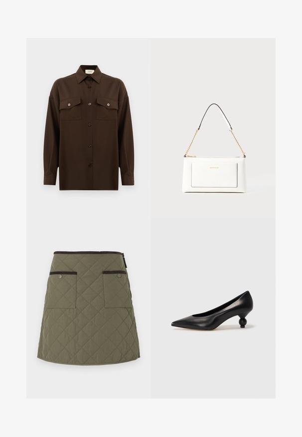 Mörkbrun långärmad skjorta med knappar, två fällbara bröstfickor och klassisk krage, visad mot en enkel vit bakgrund.; Quiltad kjol i olivgrön med en nederkant som faller ovanför knäet. Har två framfickor med mörkbruna detaljer och dragkedjestängning.; Svart läderhögklackad sko med spetsig tå och rund, bollformad klack. Slät yta med en elegant, minimalistisk design.; Vit läderhandväska med texturerad yta, med guldkedjeslinga och svarta accenter. Inkluderar en framsida ficka och dragkedjestängning.