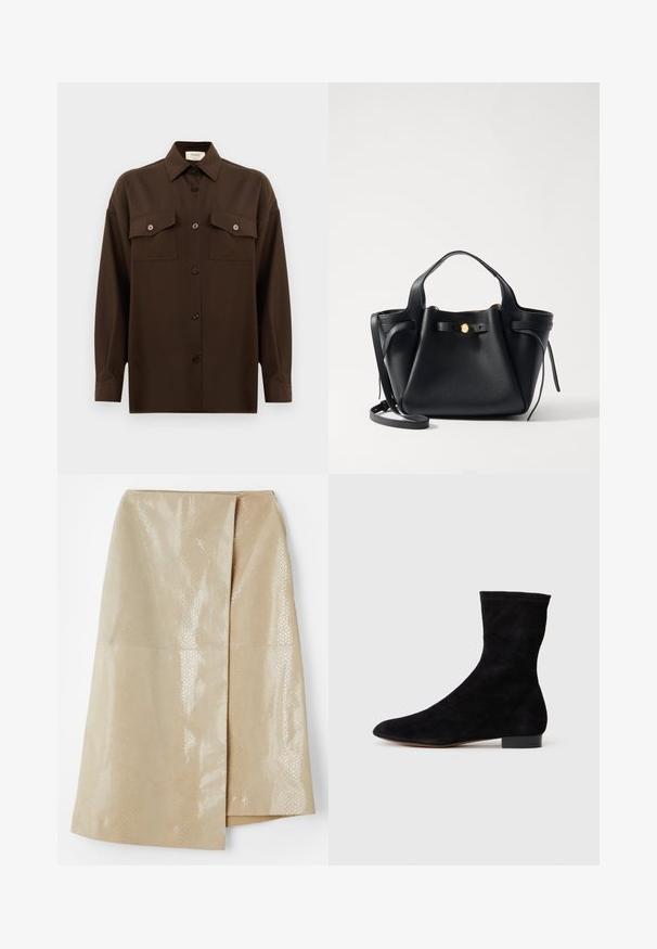 Cămașă lungă, cu mâneci lungi, de culoare maro închis, cu două buzunare frontale cu clapetă și guler clasic, expusă pe un fundal alb simplu.; Fustă din piele sintetică bej cu un model lucios, texturat de piele de șarpe; prezintă un design înfășurat și o deschidere pe lateral pentru un plus de detaliu.; Cizme scurte din suede negre, cu un știft ajustat, vârful ascuțit și un toc mic, pătrat. Textură netedă și design minimalist, potrivite pentru un stil versatil.; Geantă din piele neagră cu o formă structurată, având un accent de aur, două mânere scurte și un curea lungă detașabilă. Suprafețe texturate.