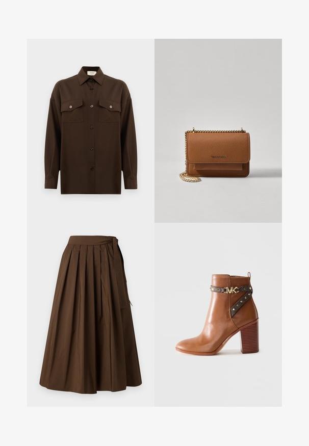 Camisa de botões de manga longa castanho-escuro, com dois bolsos de aba no peito e um colarinho clássico, apresentada contra um fundo branco liso.; Saia pregueada castanha feita de um tecido com textura suave, apresentando uma cintura alta e um detalhe de laço lateral para o fecho.; Bota de tornozelo em couro castanho com salto bloco empilhado, tira lateral com studs dourados e fivela com o logotipo "MK" dourado.; Bolsa crossbody de couro texturizado castanho com alça de corrente dourada e fecho com aba. A parte da frente apresenta detalhe do logótipo e um bolso sob a aba.