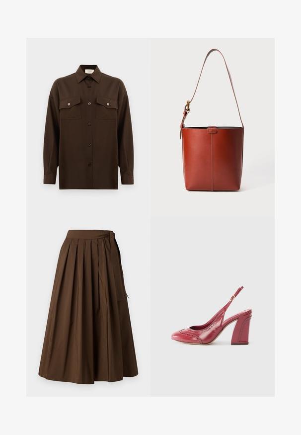 Chemise à manches longues brun foncé avec boutons, dotée de deux poches poitrine à rabat et d'un col classique, présentée sur un fond blanc uni.; Jupe plissée marron en tissu au toucher lisse, avec une taille haute et un détail de nouage sur le côté pour la fermeture.; Talons slingback en cuir verni rouge, présentant des perforations décoratives, un bout arrondi et un talon épais pour la stabilité.; Sac seau en cuir brun avec bandoulière réglable et boucle en ton doré, détail de couture verticale simple à l'avant.
