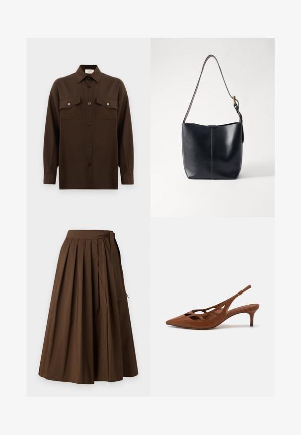 Dark brown long-sleeve button-up shirt with two flap chest pockets and a classic collar, displayed against a plain white background.; Brown pleated skirt made of fabric with a smooth texture, featuring a high waist and side tie detail for closure.; Brown leather slingback heel with a pointed toe, cut-out design, and stitched detailing. Features a slender heel and adjustable strap.; Black leather shoulder bag with a smooth texture, featuring a thin, long strap and a subtle stitched detail down the center.