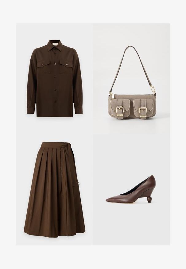 Chemise à manches longues brun foncé avec boutons, dotée de deux poches poitrine à rabat et d'un col classique, présentée sur un fond blanc uni.; Jupe plissée marron en tissu au toucher lisse, avec une taille haute et un détail de nouage sur le côté pour la fermeture.; Pompe compensée en cuir marron avec un bout pointu et un talon arrondi en forme de boule. Texture lisse avec un design simple et des accents minimaux.; Sac à main beige texturé avec une bandoulière réglable, deux poches avant fermées par des boucles, et des accents en doré. Fermeture éclair en haut.
