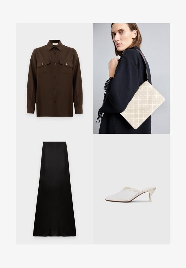 Camicia marrone scuro a maniche lunghe con bottoni, dotata di due tasche a pattina sul petto e colletto classico, mostrata su uno sfondo bianco uniforme.; Gonna lunga in raso nero con vita alta e orlo leggermente svasato su sfondo bianco.; Mule bianco in rete con punta appuntita, tacco medio sottile e design slip-on su uno sfondo semplice.; Borsa a spalla beige con motivo e forma strutturata, dotata di una tracolla marrone testurizzata. Indossata da un modello su uno sfondo grigio.