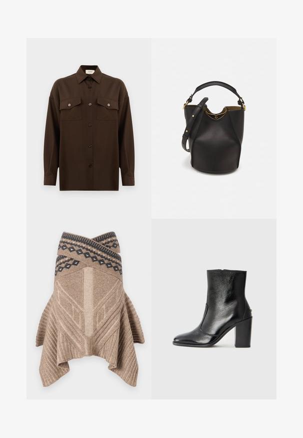 Tmavě hnědá košile s dlouhým rukávem a knoflíky, se dvěma kapsami na hrudi a klasickým límečkem, vystavená na čistém bílém pozadí.; Béžový pletený pončo s ribkovanou texturou, geometrickým designem a kontrastním vzorovaným okrajem v tmavě modré barvě. Drapovaný, asymetrický lem.; Černé kožené kotníkové boty s hladkou texturou, špičatou špičkou a robustním vysokým podpatkem. Mají boční otvor a minimalistický design.; Černá kožená kabelka ve tvaru vědra s texturovaným povrchem, zlatými kovovými akcenty a otevřeným vrchem. Obsahuje krátkou rukojeť a nastavitelný ramenní popruh.