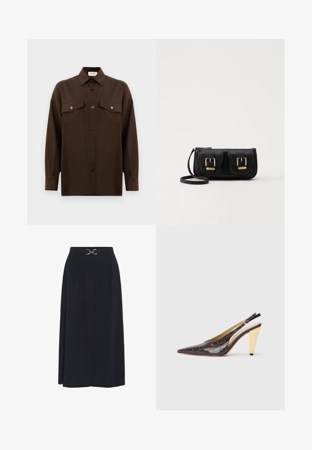 Tumepruun pikkade varrukatega nööbitav särk kahe klapp-taskuga rinnal ja klassikalise kraega, esitlemiseks lihtsa valge tausta ees.; Mustikas, põlvepikkune seelik, mis on valmistatud siledast kangast, kõrge vöökoha ja hõbedase värviga vööklambriga ning karvadega, et suurendada mõõtmeid.; Kitsas varbaga slingback konts tumepruunis läikivas kunstkrokodillinahast. Omab kuldse tooni geomeetrilist kontsa ja reguleeritavat pahkluu rihma.; Must küllastamata nahast õlakott, millel on kaks esist nähtavat taskut, kuldsed pandlad, tõmblukuga sulgemine ja peen rihm. Tekstuuriga pind ja kompaktne ristkülikukujuline kuju.