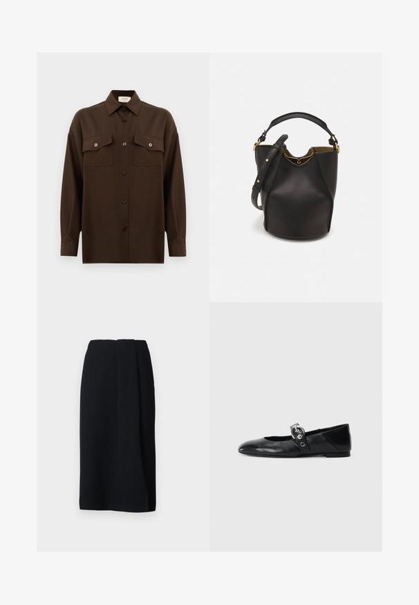 Tumepruun pikkade varrukatega nööbitav särk kahe klapp-taskuga rinnal ja klassikalise kraega, esitlemiseks lihtsa valge tausta ees.; Weekend Max Mara DEBORAH - Pliiatsseelik - nero; Mustadest nahast balleti kingad terava varbaga, millel on rihm ümmarguse metallist pandlaga ja lame tald.; Mustast nahkämbriga kott tekstuurses viimistluses, kuldsete metalldetailide aktsentidega ja avatud ülaosaga. Omab lühikest käepidet ja reguleeritavat õlavarre rihma.