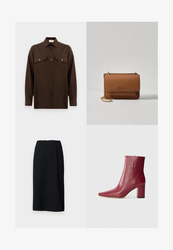 Dark brown long-sleeve button-up shirt with two flap chest pockets and a classic collar, displayed against a plain white background.; Weekend Max Mara DEBORAH - Pencil skirt - nero; Burgundy leather ankle boot with a pointed toe, block heel, and smooth texture, featuring a seamless design without visible hardware.; Brown textured leather crossbody bag with gold chain strap and flap closure. Front features logo detail and a pocket under the flap.