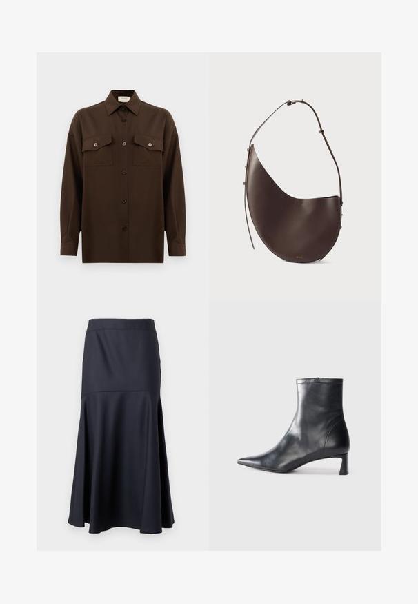 Donkerbruin langarm overhemd met knopen, voorzien van twee zakken met klep op de borst en een klassieke kraag, weergegeven tegen een effen witte achtergrond.; Zwarte hoge taille A-lijn rok met een naaddetail onder de heupen, die uitloopt naar de zoom, gepresenteerd tegen een effen achtergrond.; Zwarte leren enkellaars met een spitse neus en een slank ontwerp. Heeft een lage hak en een ritssluiting aan de achterkant. Gladde textuur.; Bruine leren handtas met een gebogen vorm, enkele schouderband en minimalistisch ontwerp. Heeft een subtiel logo en gouden hardware accenten.