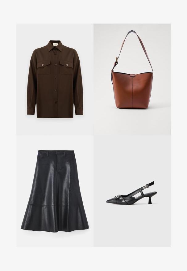 Tamno smeđa dugosleeve košulja s dugim rukavima i dugmadi, s dva džepa s preklopom na prsima i klasičnim ovratnikom, prikazana na jednostavnoj bijeloj pozadini.; Crna kožna suknja s lepršavim dizajnom, srednje dužine, s glatkom teksturom i diskretnim šavovima duž donjeg ruba.; Crne kožne cipele s remenom oko pete, s izduženim vrhom, dekorativnim trakama s metalnim rupama i niskom blok petom. Teksturirana površina.; Smeđa kožna torba za rame s zakrivljenim oblikom, glatkom teksturom i jednom tankom trakicom. Ima suptilan šav i mali detalj s logotipom.