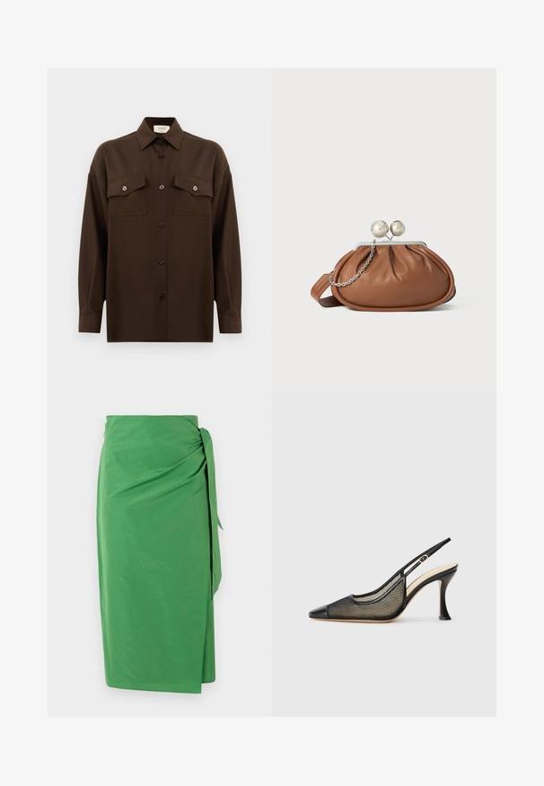Tumši brūns garām piedurknēm pogājams krekls ar diviem kabatām uz krūtīm un klasisku apkakli, attēlots uz vienkārša baltā fona.; Zaļa iepakojuma svārku izgatavota no viegla auduma, ar sasietu akcentu viduklī un gludu tekstūru, ar sānu šķirtni, kas nodrošina vieglu kustību.; Melnas šlepes ar augstiem papēžiem, ar norādītu purngalu, režģa detaļām un gludu ādas vāciņu. Krāsas ietver melnu un bežīgu akcentu.; Brūna ādas clutch soma ar sudraba poga aizdari un nelielu sudraba ķēdes detaļu uz baltā fona.