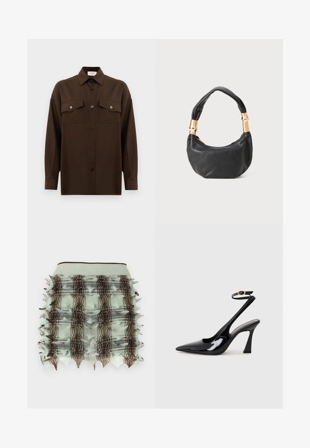 Tmavohnedá košeľa s dlhým rukávom, na gombíky, s dvoma vreckami na hrudi a klasickým golierom, umiestnená na jednoduchom bielom pozadí.; Mintová sukňa s volánmi a klietkovým dizajnom, so štvorcami v hnedej farbe a hrotemi na okrajoch. Elastický pás pre pohodlné nosenie.; Čierne lakované kožené lodičky na podpätku s špicatou špičkou, nastaviteľným popruhom okolo členka a stredne vysokým blokovým podpätkom. Hladký povrch s lesklým finišom.; Čierna kožená kabelka s guľatým tvarom, príjemnou textúrou a uzlíkovou rukoväťou s akcentmi zlatého tónu. Zipsové uzatvorenie.